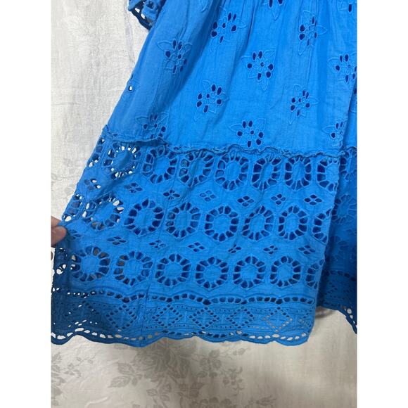 Soft Surroundings Dress 14 Blue Eyelet Tiered Long Slv Knee Length Lined Crochet - Picture 2 of 9